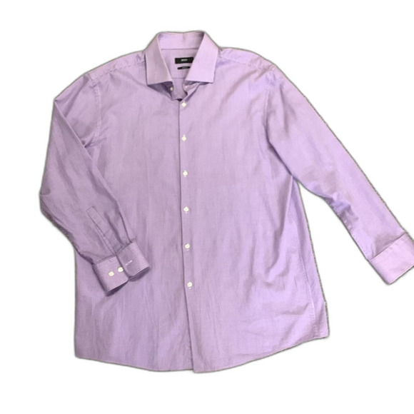 Boss Hugo Boss Lavender White Mini Gingham Check LS Sharp Fit Dress Shirt 17.5/R - Picture 1 of 12